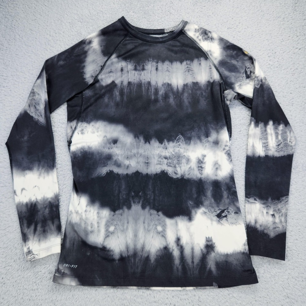 Nike Pro Combat Womens Sz Large Dri-Fit Landscape Tie Dye Fitted Top Gray Black
